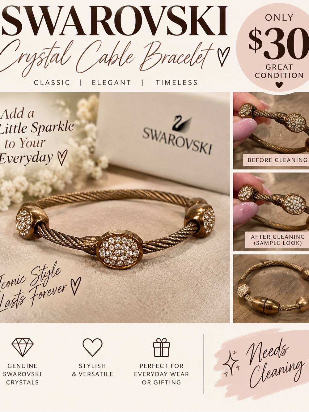 Swarovski Gold Crystal Cable Bracelet with Pavé Accents